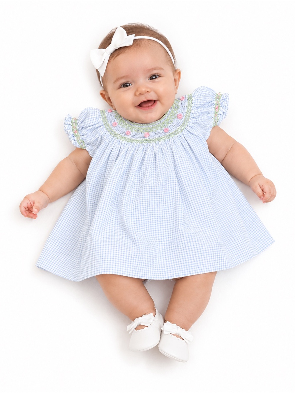 HandSmocked Royal Child - light blue and white seersucker/gingham